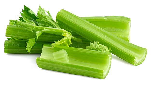 Fresh celery stalks and leaves, vibrant green vegetable, healthy food ingredient, isolated on white