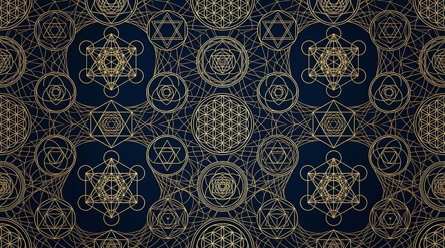 Golden sacred geometry symbols on dark blue background pattern