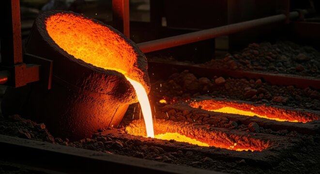 Molten Metal Pouring from Industrial Furnace, Glowing Orange Liquid Flowing in Foundry Process