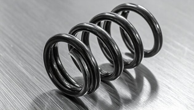 Detailed close-up of spiraling black metallic springs on a textured surface