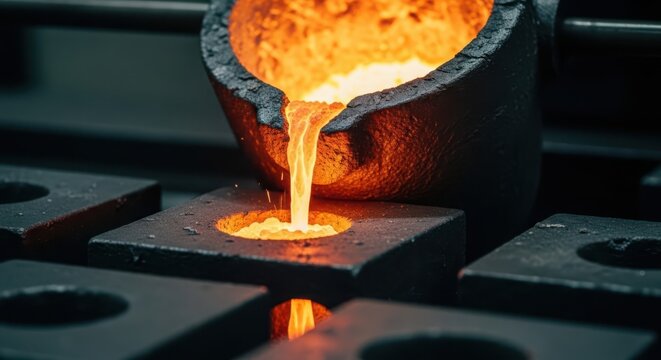 Molten metal pouring into a mold at extreme heat, representing industrial casting and manufacturing processes