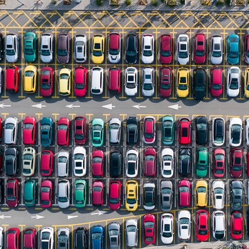 Aerial View of Urban Parking Lot: Vibrant Colorful Cars and Organized Chaos in Cityscape Transport System