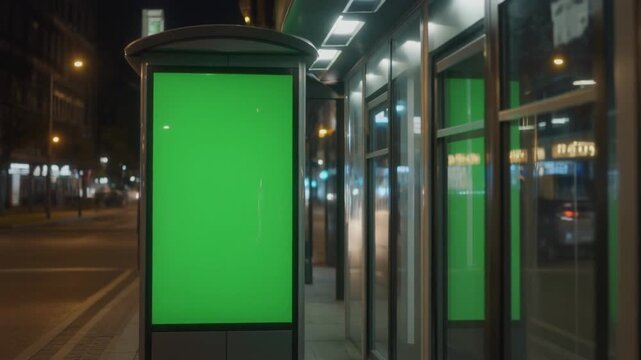 Vertical green screen poster mockup inside a modern bus stop shelter on a quiet city street at night for urban public advertising campaigns.