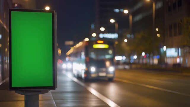 Vertical green screen billboard poster mockup standing on an urban street sidewalk at night with blurred traffic lights for advertising mockup.