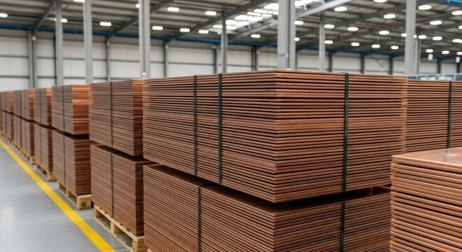 Neatly stacked copper cathode sheets stored in a modern industrial warehouse ready for distribution.