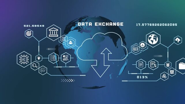 Secure data exchange concept with global cloud communication, enterprise connectivity and digital transfer technology.