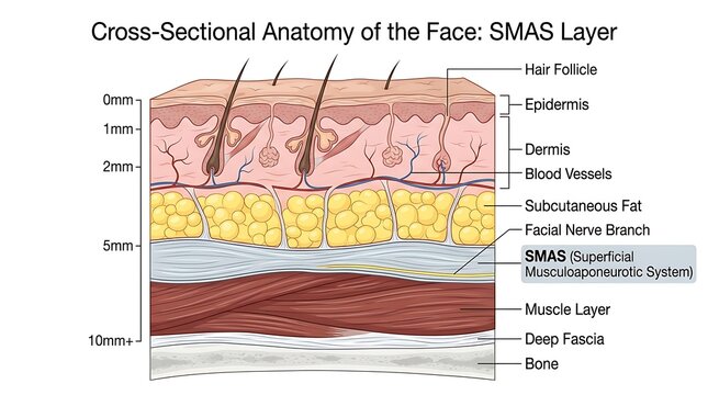 Medical cross-section diagram of facial anatomy showing the smas layer