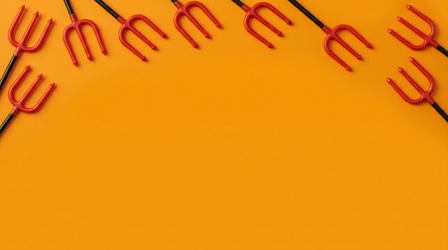 Halloween orange background with red devil forks forming a dramatic top border, spacious copy space for scary Halloween party decoration, evil horror backdrop and dark supernatural design