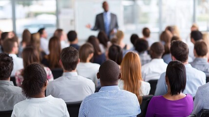 Obraz premium Diverse Group of Professionals Listen Attentively to a Speaker in a Modern, Bright Conference Room, Focused on Education and Business Development