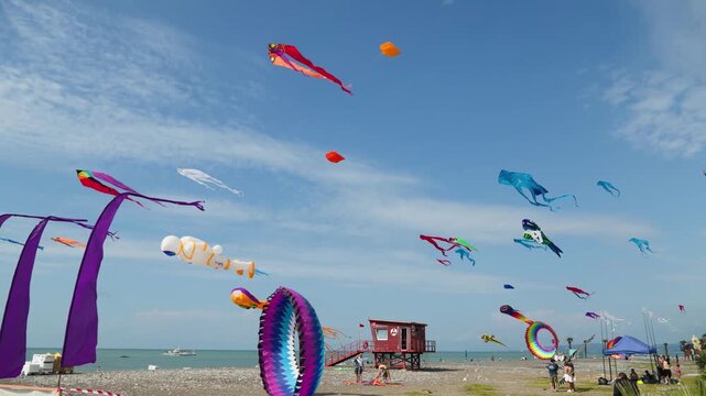 Colorful kites flying over a sunny beach scene. Vibrant outdoor activity for leisure and entertainment.