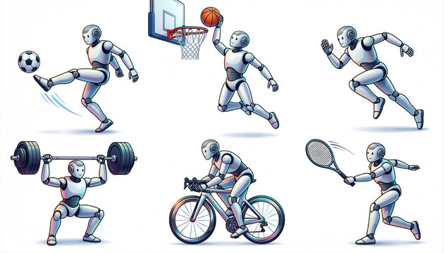 Futuristic Humanoid Robot Character Set Performing Different Sports and Athletics