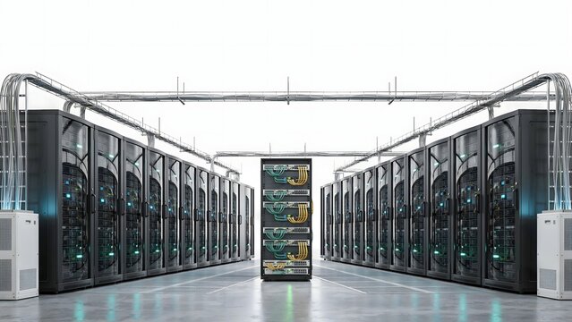 Futuristic server racks in hyperscale data center &ndash; Ideal for big data storage, web hosting services, or cloud computing ads.
