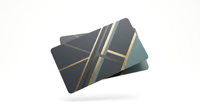 Two dark credit cards with geometric golden lines floating against a white background.