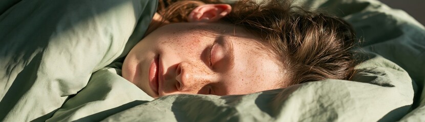 Naklejka premium Closeup of sleeping woman with freckles in green bedding for bedroom background and wellness poster or relaxation wallpaper