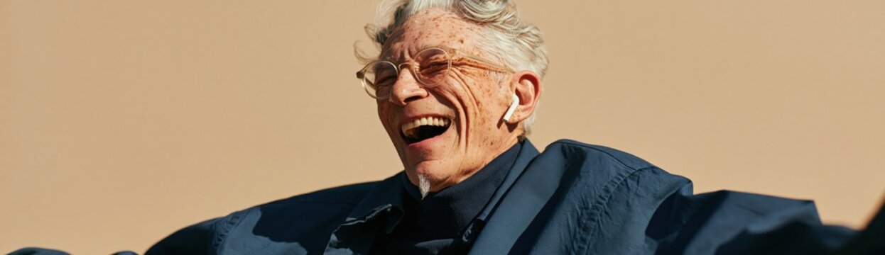 Elderly man laughing broadly wearing earbuds and oversized jacket against warm neutral background for lifestyle banner and editorial layout