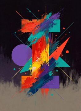 Lettera "I" astratta con pennellate materiche, colori vivaci e forme geometriche su sfondo scuro