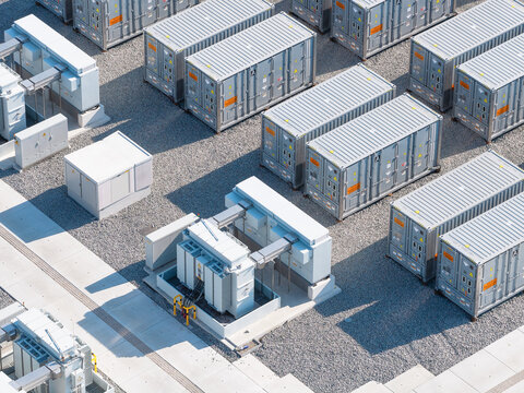 Aerial view of battery energy storage system facility for renewable power plant. Industrial lithium batteries used for clean electricity grid management.