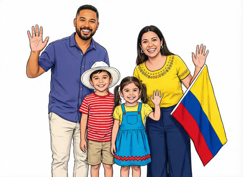 Happy Colombian Family in Casual Clothes Smiling with National Flag / Familia colombiana
