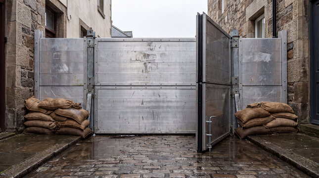 Removable aluminum flood barrier panels installed across a city street protecting buildings from rising floodwater