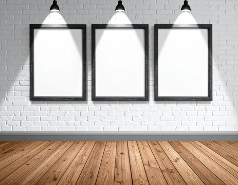 Three blank picture frames on a white brick wall, spotlighted, with wooden floor
