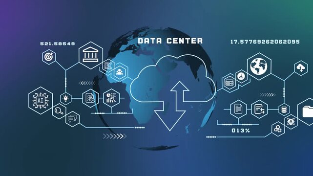 Enterprise data center visualization with cloud computing infrastructure, secure servers and scalable information management.