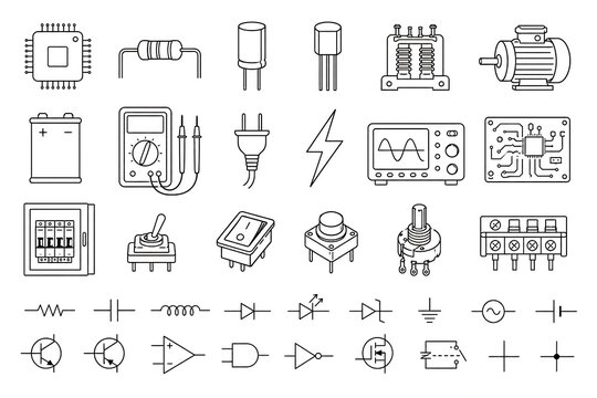 Electronic components and electrical engineering outline icon set with circuit symbols, devices and industrial equipment isolated on white.