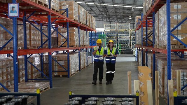 Workers walk through a warehouse checking inventory while wearing hard hats and safety vests