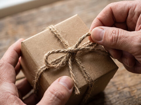 Close up of hands tying natural cord on eco gift parcel