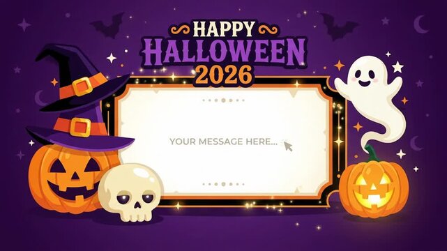 Happy Halloween 2026 Frame Animation with Ghost Pumpkins Skull Witch Hat and Message Copy Space