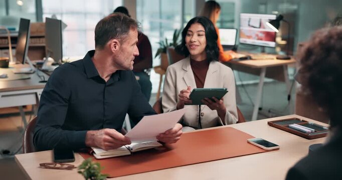 Reading, resume and business people with applicant, interview or discussion for recruitment process. Company, HR and happy team with candidate for job opportunity, talking and review qualifications