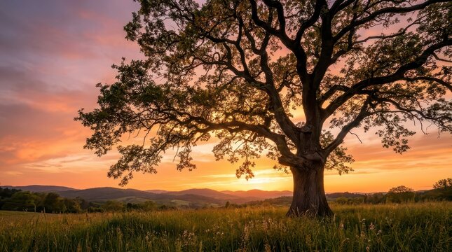 Large oak tree in a meadow at sunset