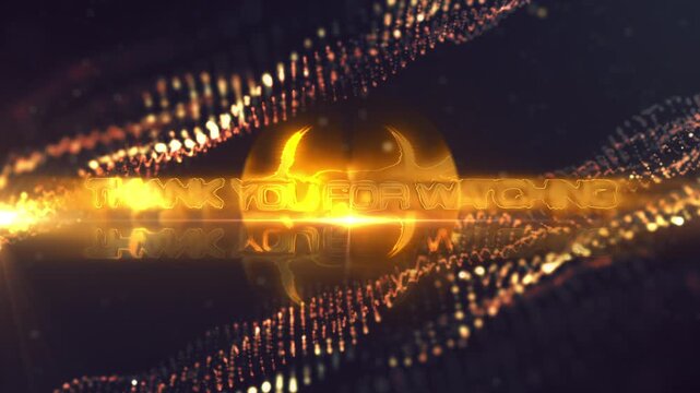 Abstract Thank you for watching golden glitch text  with particles digital effect cinematic title animation on black background.