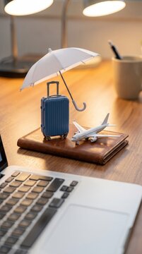 Travel insurance concept. Close-up of a hand protecting travel essentials with an umbrella beside a laptop, symbolizing trip coverage, Travel, insurance, protection, security, vacation