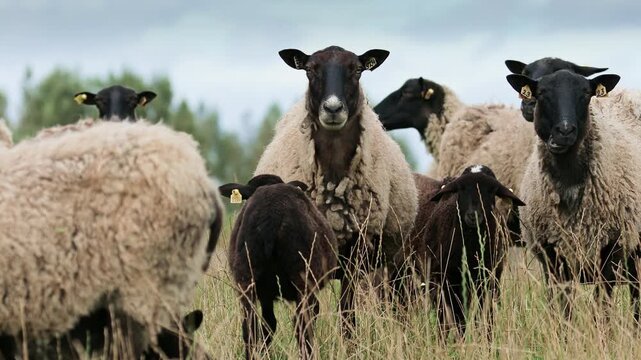 Sheep family with young lambs grazing on a green pasture. Ewes and their offspring in a natural meadow. Ideal for organic farming, sustainable agriculture, livestock, rural life & animal care concept