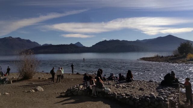 Tourists at the Shortest River in the World Connecting Correntoso and Nahuel Huapi Lakes, Argentine Patagonia