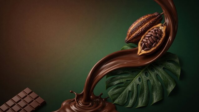 Flowing liquid chocolate connecting cocoa pods with beans and tropical leaves to a chocolate bar on a dark background