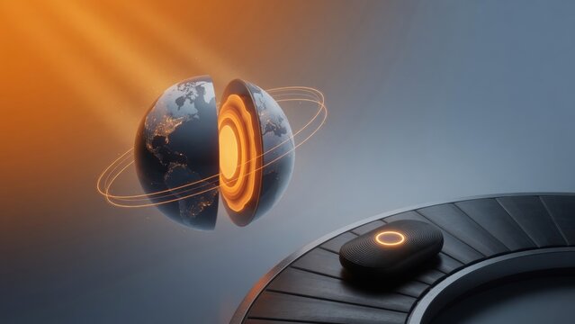 Earth split, exposing molten core and glowing layers, transferring energy to modern technology and data