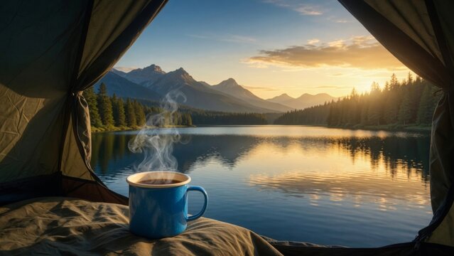 Camping tent view of a steaming coffee mug during sunrise over mountains and a serene lake