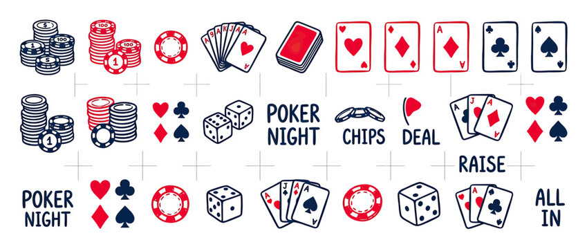 Hand-drawn poker game icons and terms on transparent background