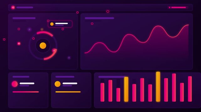 Dark mode data interface with glowing orange and pink charts