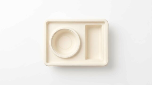 Empty biodegradable rectangular food tray with bowl compartment isolated on a clean bright white background surface