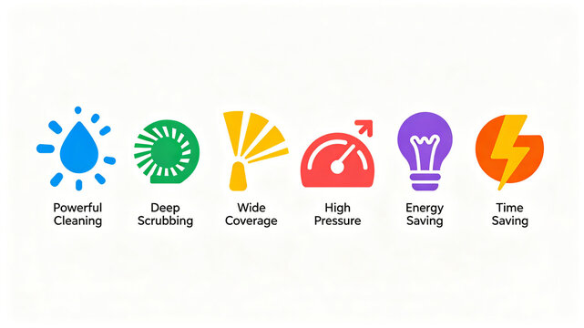 Colorful high saturation cleaning performance icon group, powerful scrubbing, high-pressure energy-saving, suitable for outdoor cleaning equipment posters and detail page modules.
