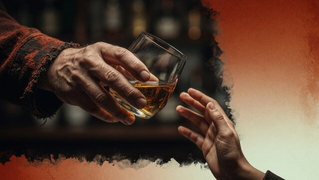 Hand offering alcohol drink to another hand, symbolizing temptation, addiction, struggle, alcoholism, recovery journey