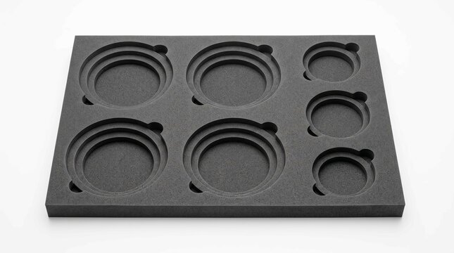 Black foam packaging insert with circular cutouts for securing various items on a white background surface