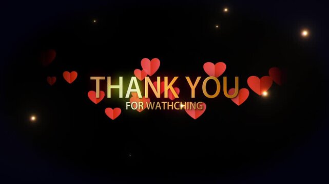 Abstract Thank you for watching  golden text  with red heart and gold particles flow on black effect cinematic title animation background.