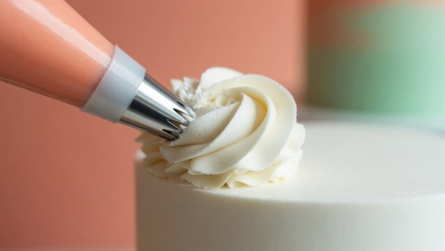 Pastry chef decorating white cake with delicate buttercream swirls using a piping bag and star nozzle, adding final touches