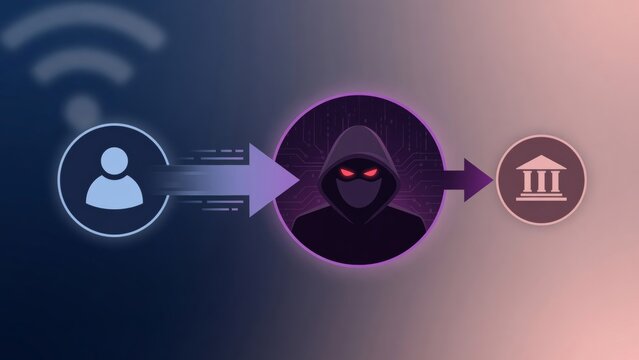 Cyberattack representing man in the middle data theft, hacker intercepting network communication between user and bank