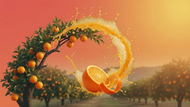 Fresh orange juice splashing with a halved fruit and peel in a sunny orchard, symbolizing refreshment and natural goodness