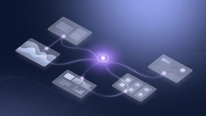 Fototapeta premium Abstract digital network processing information, connecting data cards with a central glowing hub on a blue background