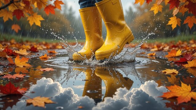 Person wearing bright yellow rubber boots jumping in a puddle, creating water splashes with falling autumn maple leaves